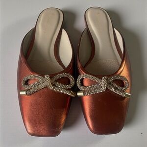 Anthropologie Ballet Mule Flats Rose Metallic Bow Square Toe Size 9